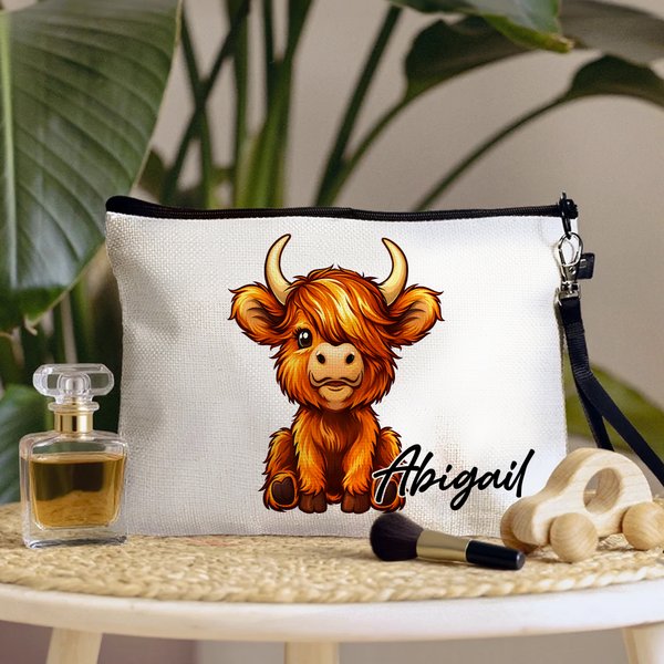 Gepersonaliseerd schattig Highland koe linnen make-up tasje met naam en polsbandje verjaardagscadeau voor Highland koe liefhebbers vrouwen