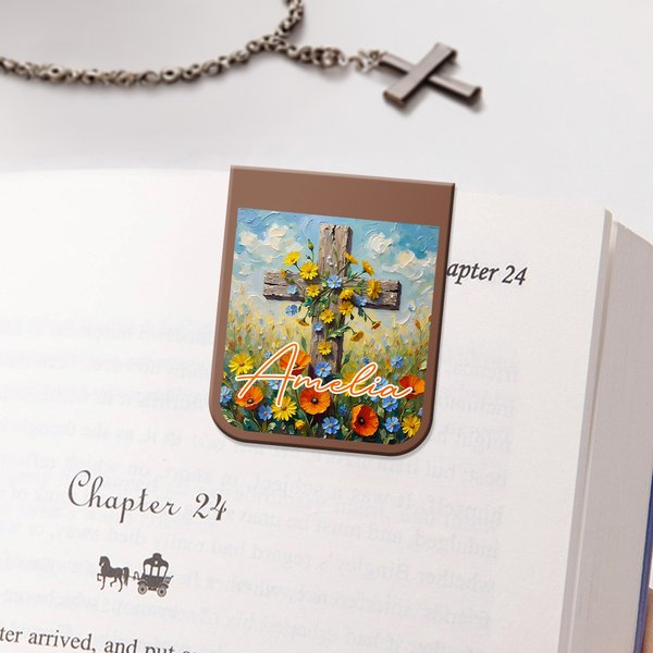 Personalized Oil Painting Style Flower Cross Magnetic Bookmark Clip with Name Birthday Reading Gift for Christian Bookworms