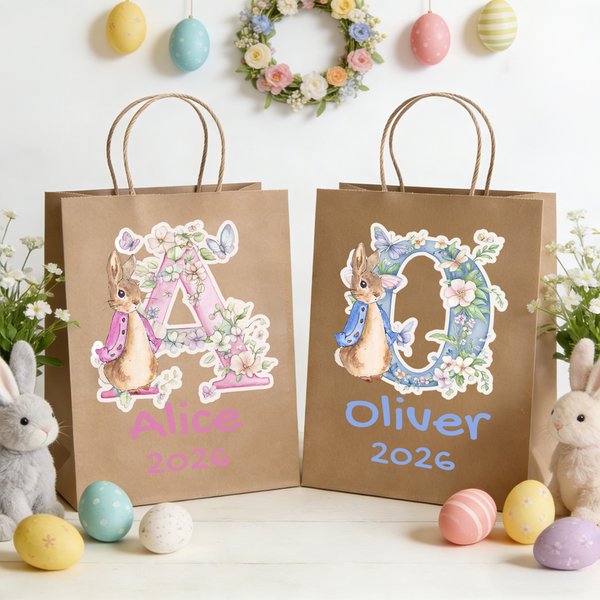 Conejito Personalizado Flor Inicial Bolsas de Papel Kraft con Nombre y Año Juego de 3 Favor de Fiesta Feliz Pascua Regalo para Niños