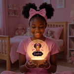 Veilleuse LED en acrylique avec nom et base en bois pour petite fille avec noeud personnalisé Cadeau d'anniversaire pour fille noire