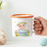 Personalized Wreath Bunny Highland Cow Animal 12 oz Enamel Mug with Name Daily Use Happy Easter Gift for Boys Girls