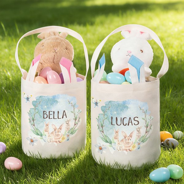 Personalisierte Dreamy Kaninchen Blume Schmetterling niedlich Hasenohren Osterkorb mit Namen Ostereierjagd Party Favors Geschenk für Kinder Jungen Mädchen