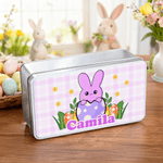 Gepersonaliseerde schattige Bunny paaseieren Food Grade metalen koekjes blik opbergdoos met naam paasfeest geschenk voor kinderen