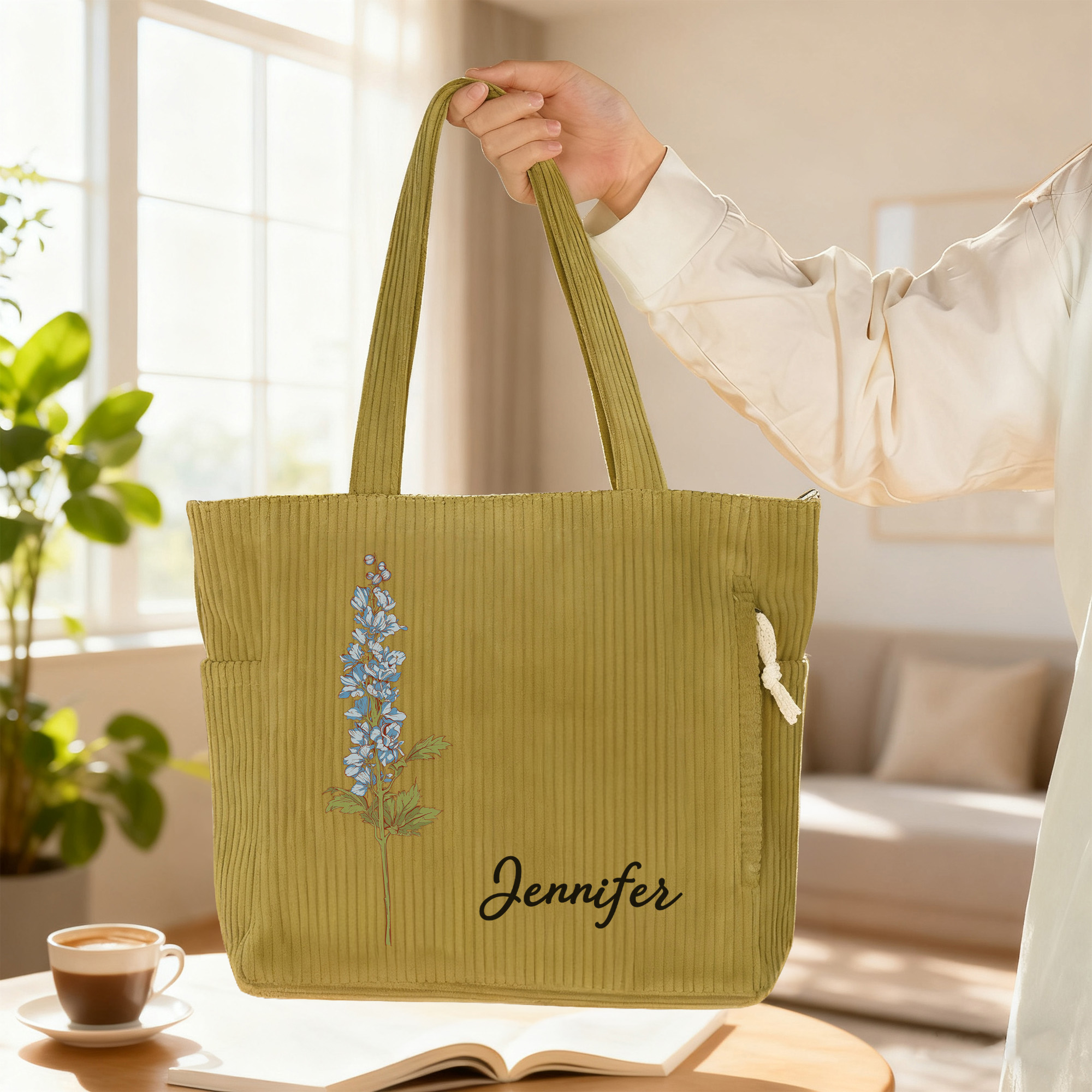 Personalised Birth Flower Corduroy Handbag | Custom Name Aesthetic Floral Shoulder Bag for Women | Birthday Gift for Her