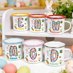 Personalised Cartoon Bunny Easter Eggs Initial 12 oz Enamel Mug with Name Daily Use Happy Easter Gift for Boys Girls