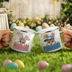Personalisierte Bogen Hut Osterhase 12 oz farbigen Rand Emaille-Becher mit Namen Ostern Party Geburtstag Geschenk für Kinder Jungen Mädchen
