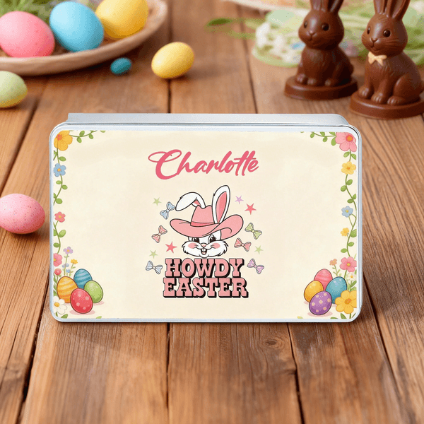 Gepersonaliseerde Howdy Pasen Schattige Bunny Paaskoekjes Blikken Doos met Naam Paasfeest Paasgeschenk voor kinderen
