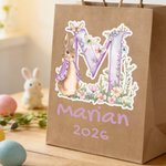Personalised Cute Bunny Flower Initial Kraft Paper Bags with Name and Year Set of 3 Party Favor Happy Easter Gift for Kids