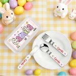 Personalised Cute Bunny Chick Doodle Letter Safe Stainless Steel Kid's Fork Spoon Knife 3 Pcs Cutlery Set with Case and Name Easter Gift for Kids