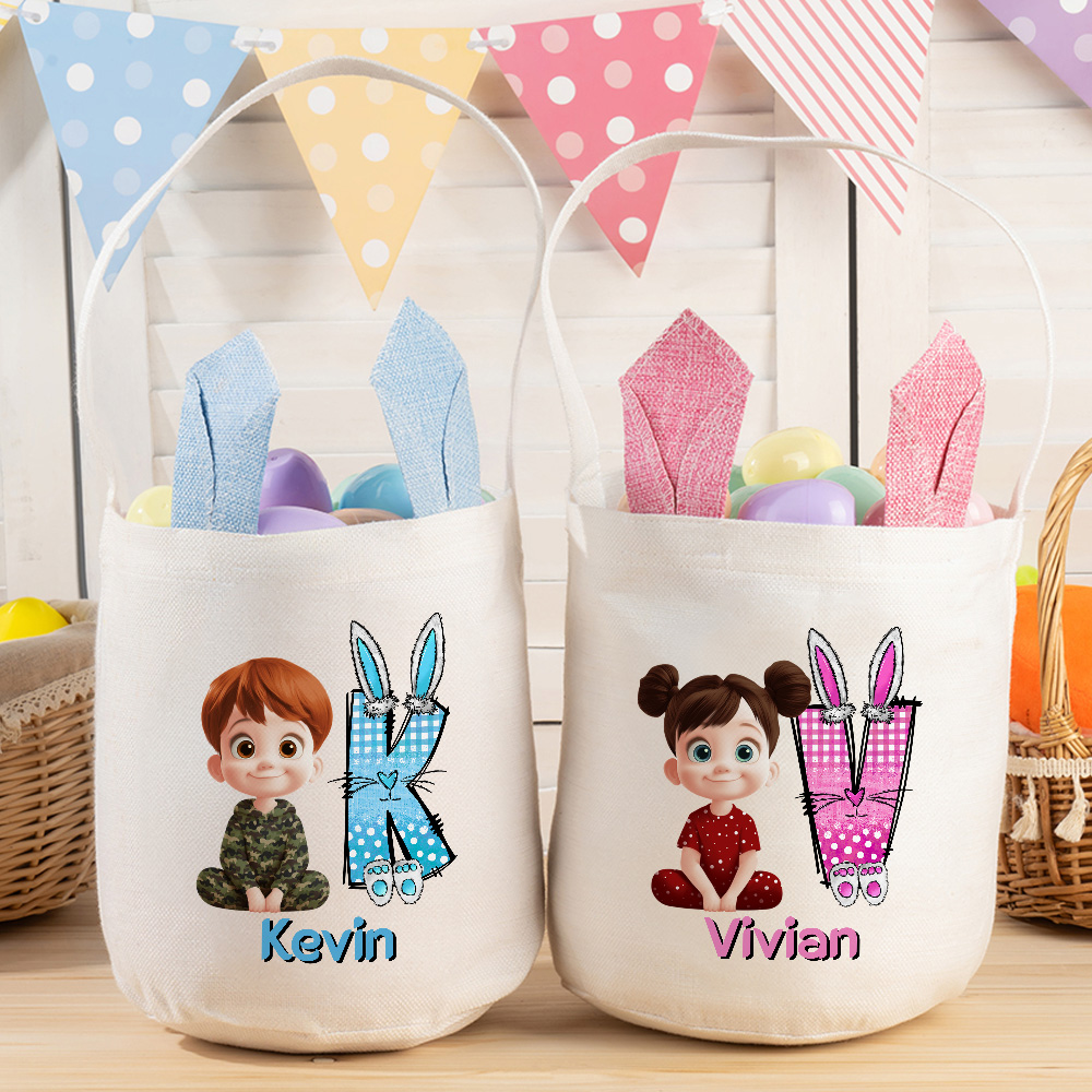 Personalisierte Osterei Cartoon Charakter wiederverwendbare Hase Ohr Ostern Eimer Korb mit Namen und Initialen Ostern Party Gunst Eier jagen Geschenk für Kinder