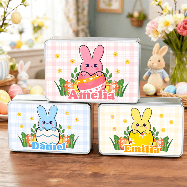 Gepersonaliseerde schattige Bunny paaseieren Food Grade metalen koekjes blik opbergdoos met naam paasfeest geschenk voor kinderen