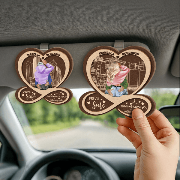 Personalized Heart Infinite Fun Text Cartoon Character Wooden Car Sun Visor Clip with Name Car Accessories Birthday Anniversary Gift for Couple