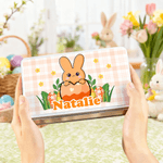 Gepersonaliseerde schattige Bunny paaseieren Food Grade metalen koekjes blik opbergdoos met naam paasfeest geschenk voor kinderen