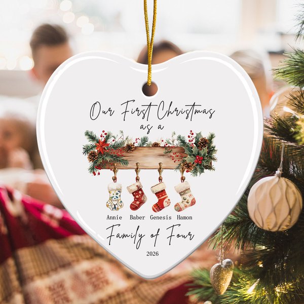 Personalised Our First Christmas Heart Ceramic Christmas Ornament with 1-6 Festival Stockings and Names Christmas Tree Decor Gift for Kids Family