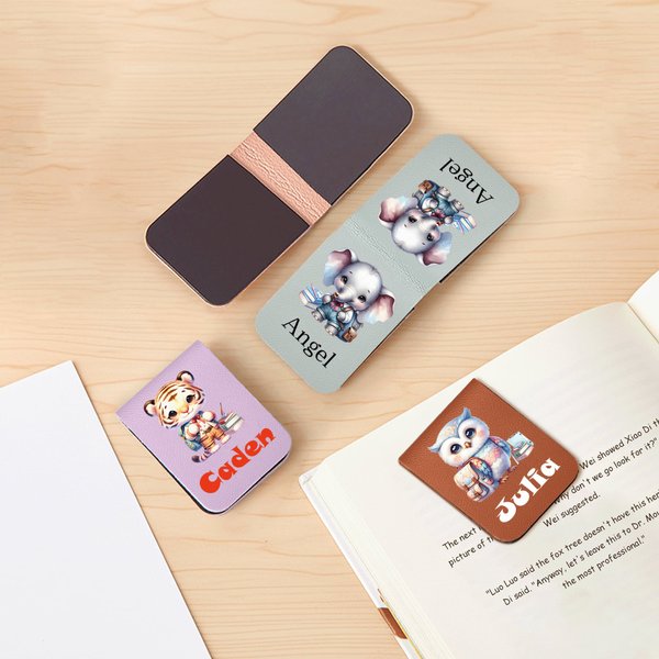 Personalised Cute Cartoon School Animal Multicolour Magnetic PU Leather Bookmark Clip with Name Reading Birthday Gift for Kids Students Bookworms