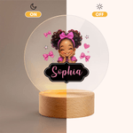 Veilleuse LED en acrylique avec nom et base en bois pour petite fille avec noeud personnalisé Cadeau d'anniversaire pour fille noire