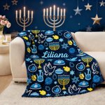 Gepersonaliseerde Blauwe Chanoeka Element Zachte Deken met Naam Huisdecoratie Joods Feest Cadeau voor Familie Vriend