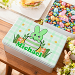 Gepersonaliseerde schattige Bunny paaseieren Food Grade metalen koekjes blik opbergdoos met naam paasfeest geschenk voor kinderen