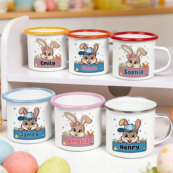 Personalized Bow Hat Easter Bunny 12 oz Colored Rim Enamel Mug with Name Easter Party Birthday Gift for Kids Boys Girls
