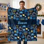 Gepersonaliseerde Blauwe Chanoeka Element Zachte Deken met Naam Huisdecoratie Joods Feest Cadeau voor Familie Vriend