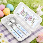 Personalised Cute Bunny Chick Doodle Letter Safe Stainless Steel Kid's Fork Spoon Knife 3 Pcs Cutlery Set with Case and Name Easter Gift for Kids
