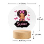 Veilleuse LED en acrylique avec nom et base en bois pour petite fille avec noeud personnalisé Cadeau d'anniversaire pour fille noire
