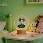 Veilleuse LED en acrylique avec nom et base en bois pour petite fille avec noeud personnalisé Cadeau d'anniversaire pour fille noire