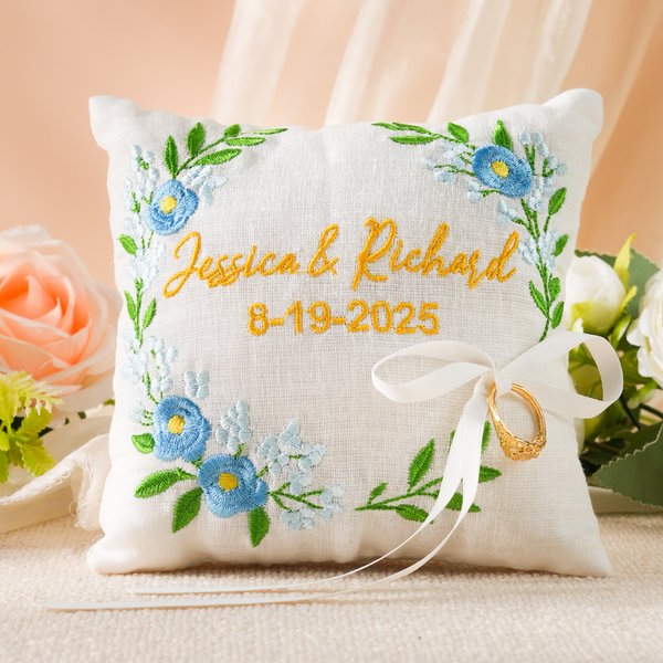 Coussin de porteur d'anneau avec nom et date brodés Cadeau d'anniversaire de mariage pour couple de jeunes mariés