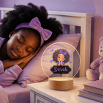 Veilleuse LED en acrylique avec nom et base en bois pour petite fille avec noeud personnalisé Cadeau d'anniversaire pour fille noire