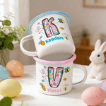 Personalised Cartoon Bunny Easter Eggs Initial 12 oz Enamel Mug with Name Daily Use Happy Easter Gift for Boys Girls