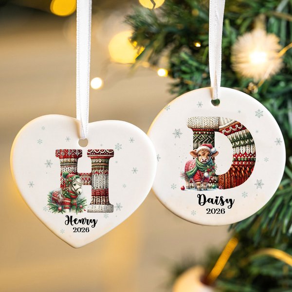Ornement de Noël personnalisé en céramique avec initiales et nom Décoration de l'arbre de Noël Cadeau pour la famille et les amis