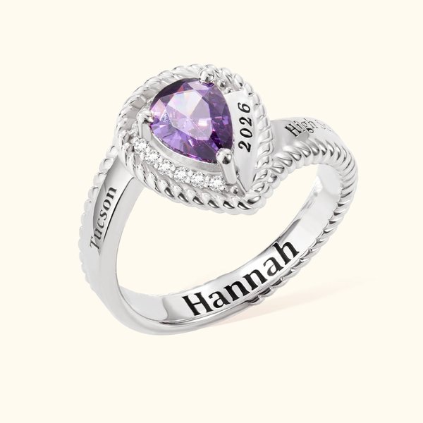 Personalized Class Ring with Engraved  2 School Names Teardrop-shaped Birthstone Class of 2026 High School University Graduation Gift