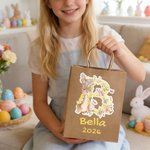 Personalised Cute Bunny Flower Initial Kraft Paper Bags with Name and Year Set of 3 Party Favor Happy Easter Gift for Kids