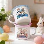 Personalisierte Bogen Hut Osterhase 12 oz farbigen Rand Emaille-Becher mit Namen Ostern Party Geburtstag Geschenk für Kinder Jungen Mädchen