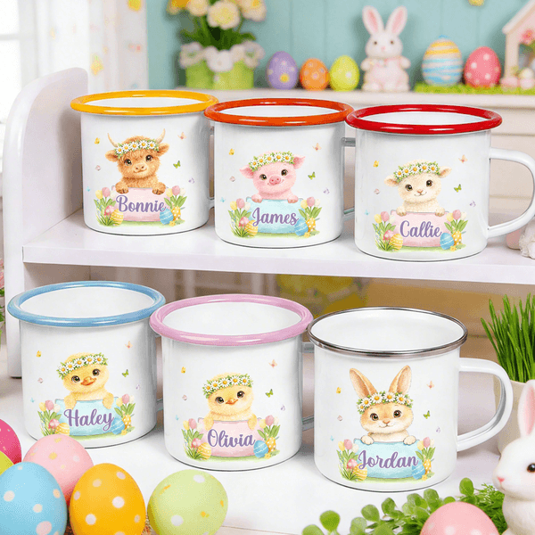 Personalised Wreath Bunny Highland Cow Animal 12 oz Enamel Mug with Name Daily Use Happy Easter Gift for Boys Girls