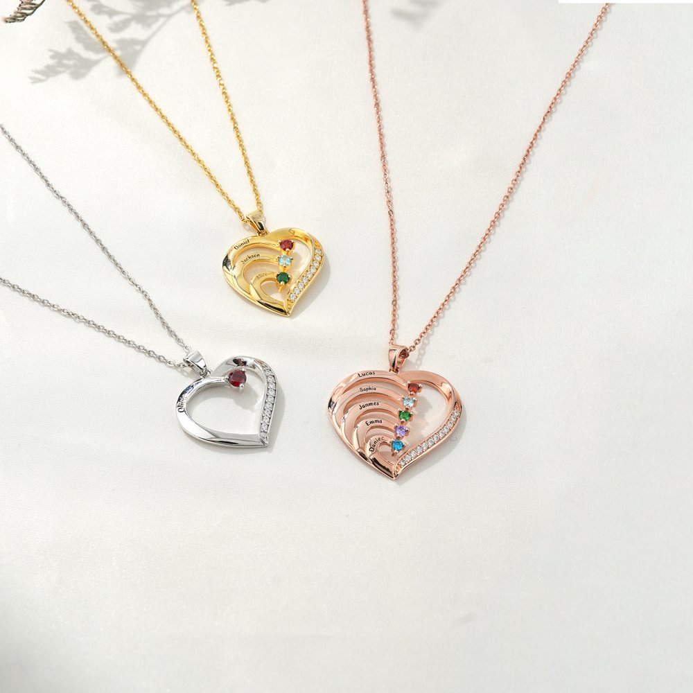 Personalized Family Heart Pendant Sterling Silver Necklace with 1-6 Engraved Names Birthstones Mother's Day Birthday Gift for Mom Grandma 3