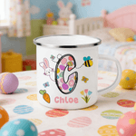 Henkilökohtainen Cartoon Bunny pääsiäismunat Initial 12 oz emali muki nimi päivittäiseen käyttöön Happy Easter lahja pojille tytöille