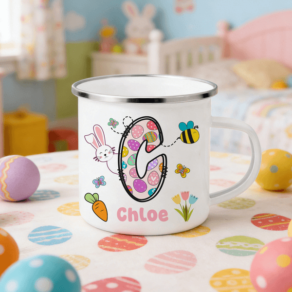 Personalised Cartoon Bunny Easter Eggs Initial 12 oz Enamel Mug with Name Daily Use Happy Easter Gift for Boys Girls