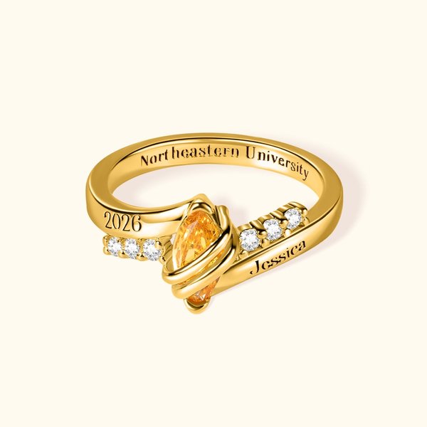 Personalized Graduation Birthstone Ring with Engraved Text and Zircons Graduation Gift for College High School Graduates