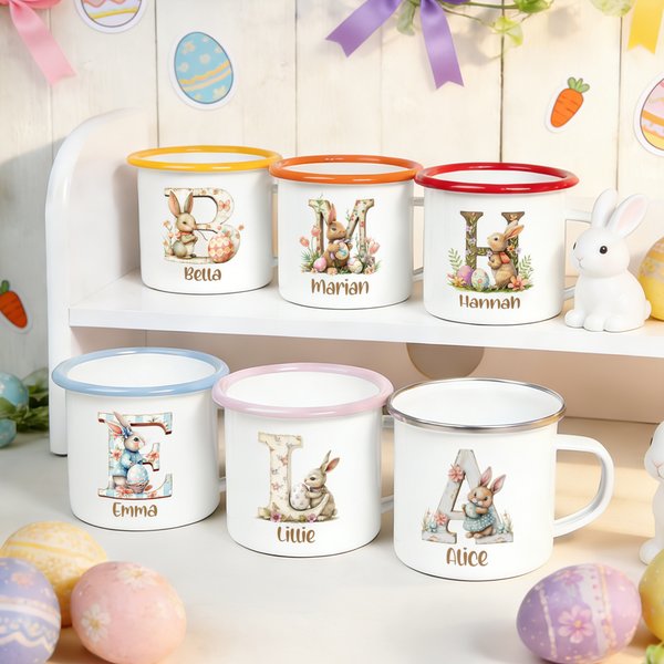 Tasse en émail 355 ml personnalisée avec initiale et nom - Cadeau d'anniversaire Pâques pour les enfants