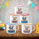Personalisierte Bogen Hut Osterhase 12 oz farbigen Rand Emaille-Becher mit Namen Ostern Party Geburtstag Geschenk für Kinder Jungen Mädchen