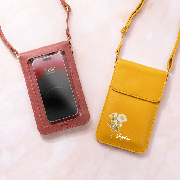 Personalized Birth Flower Portable PU Leather Crossbody Bag with Name and Touch Screen Window Travel Daily Use Birthday Gift for Women