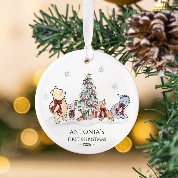 Personalized Classic Winnie the Pooh Theme Ceramic Christmas Ornament with Name Baby Shower First Christmas Gift for Newborns