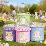 Personalized Cute Animal Plaid Easter Basket with Name Easter Eggs Hunting Easter Day Gift for Boys Girls
