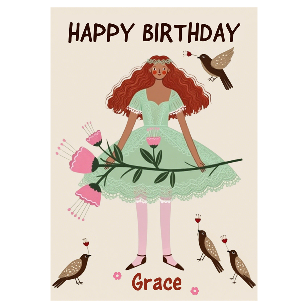 Whimsical Girl with Birds and Flowers Birthday Ecard