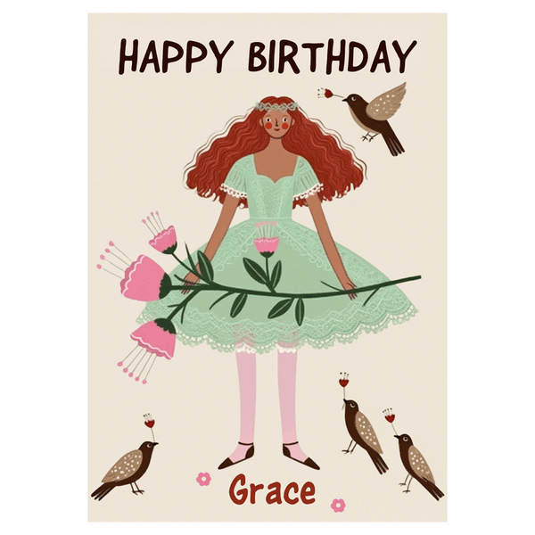 Whimsical Girl with Birds and Flowers Birthday Ecard