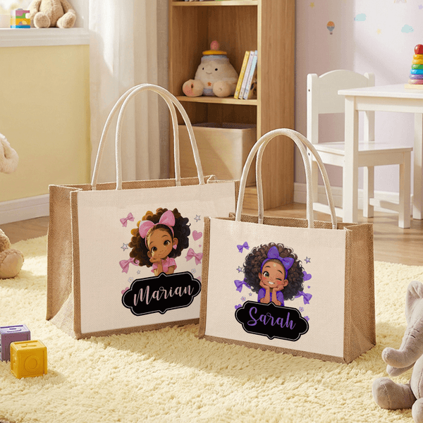 Personalized Bow Cute Cartoon Little Girl Large Jute Bag with Name Birthday Gift for Black Girl