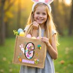 Personalised Easter Egg Initial Cute Bunny Jute Tote Bag with Name Easter Egg Hunting Easter Party Favors Gift for Kids
