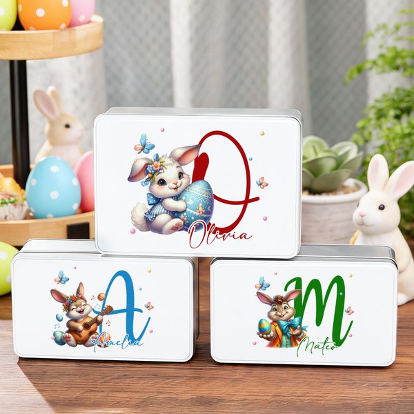 Huevos de Pascua personalizados Huevos de Pascua de conejo Caja de metal para guardar galletas con nombre e inicial Regalo de Pascua para la familia y los niños
