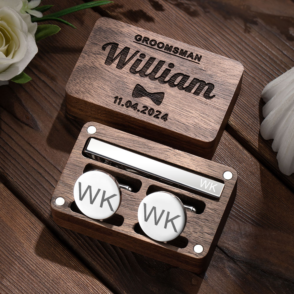 Personalised Engraved Cufflinks Tie Clip Set Wood Box Wedding Birthday Gift for Groomsmen